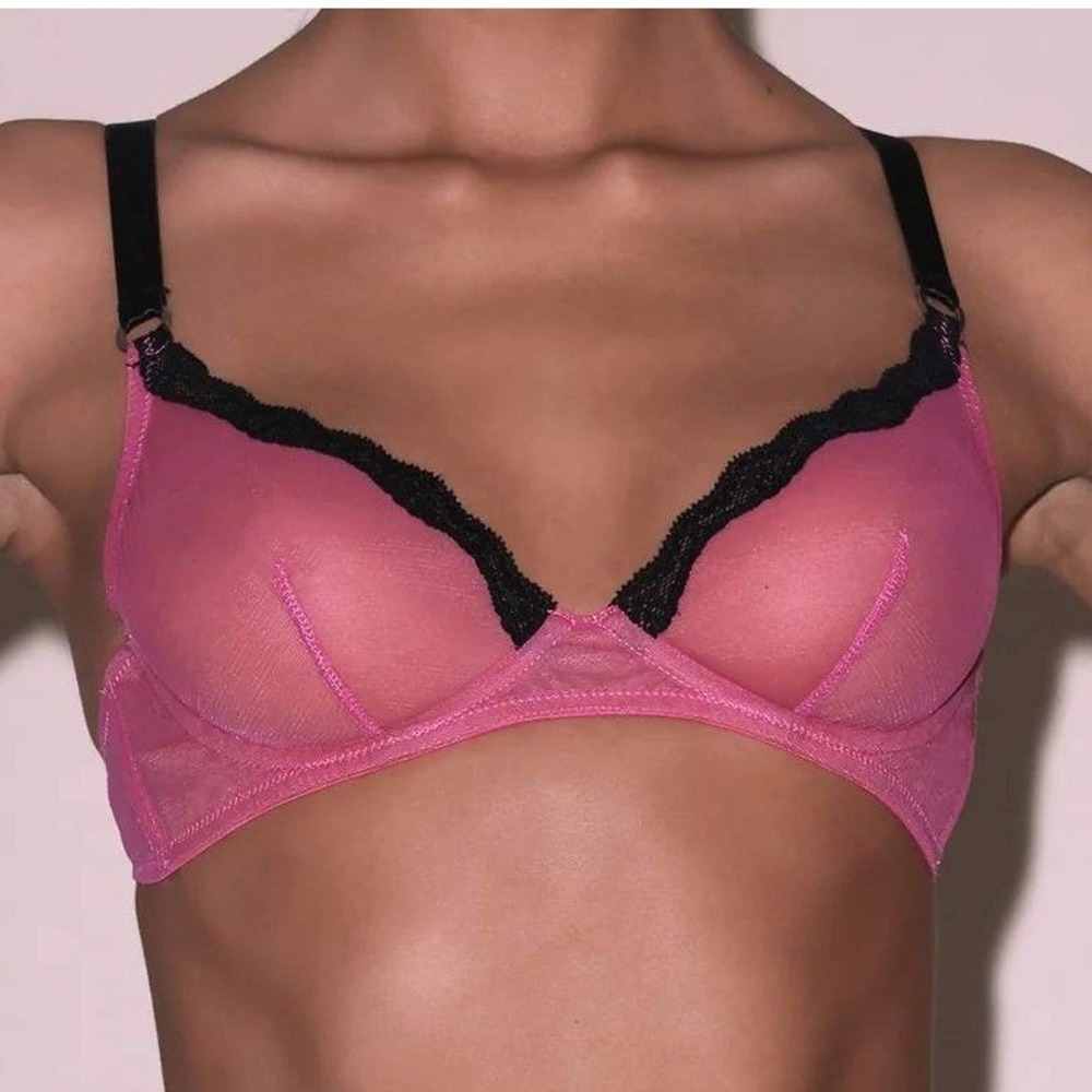 Fleur du Mal 32D Bra Sheer Tulle Demi Bra Lace Trim Balconette Berry Pink Black